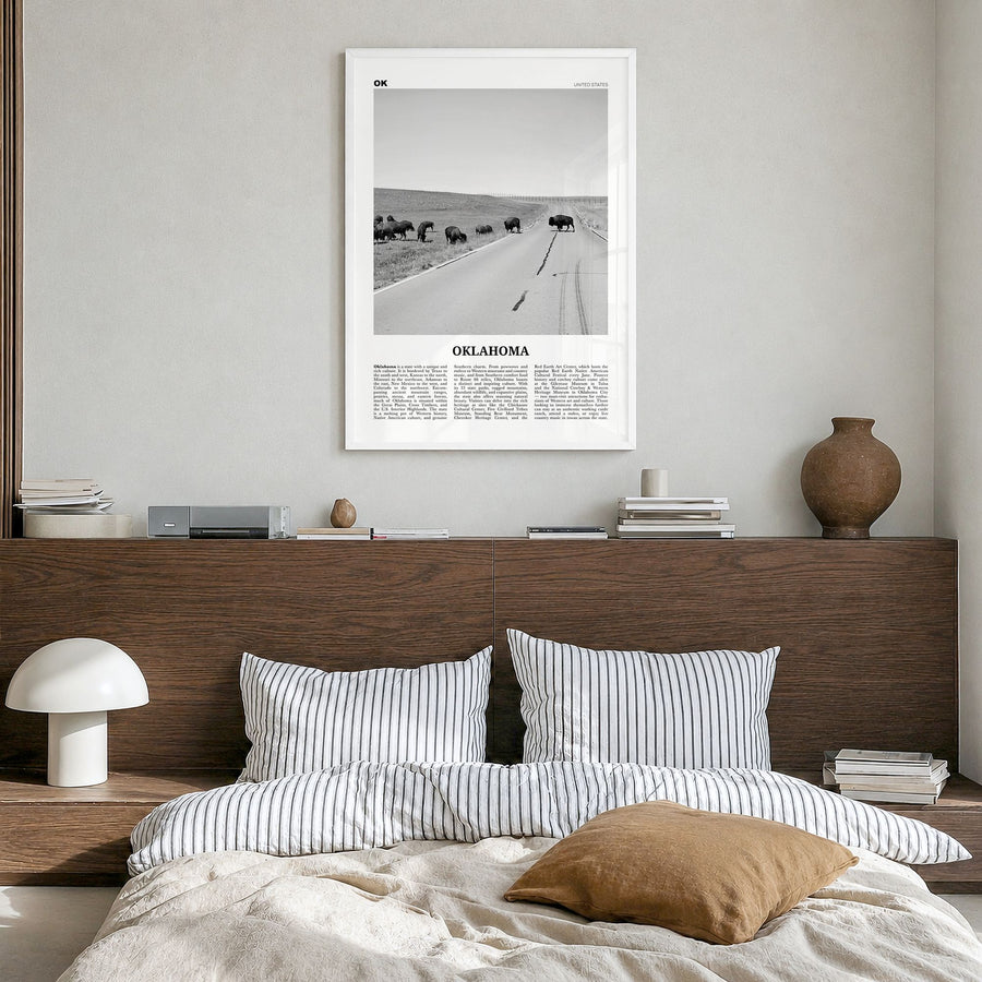 Oklahoma Newspaper No 3 Poster in a white wood frame, hanging in a bedroom