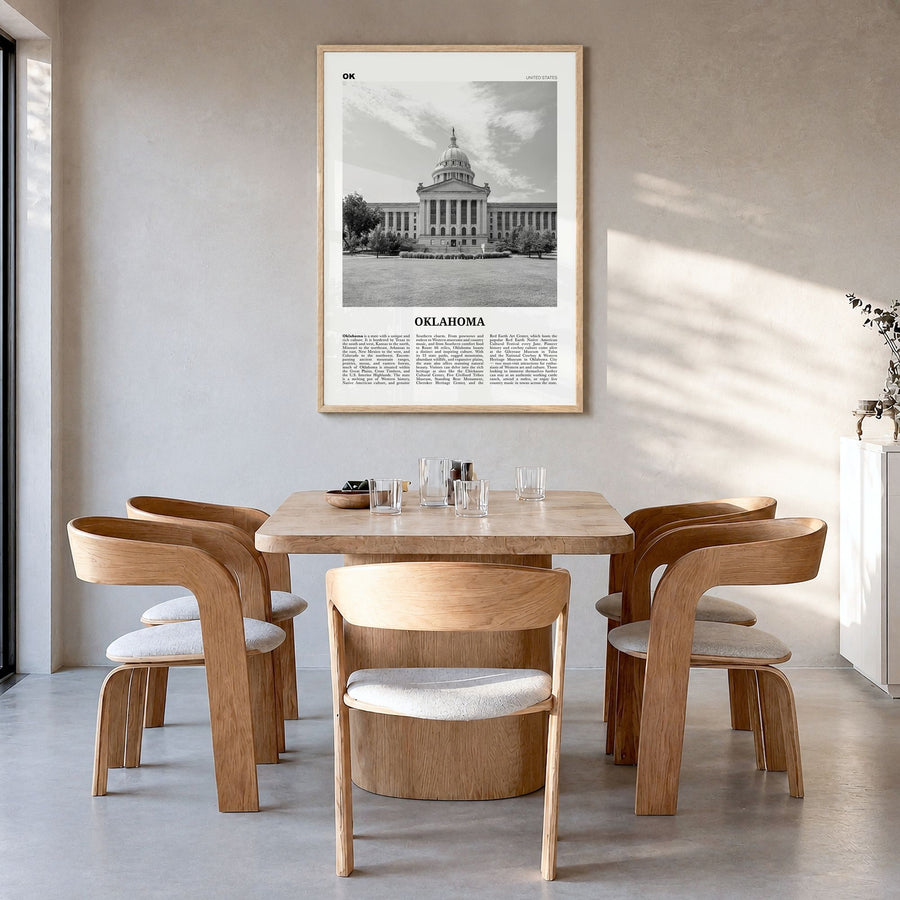 Oklahoma Newspaper No 4 Poster in a natural wood frame, hanging in a dining room