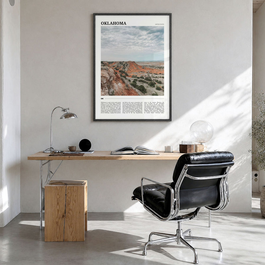 Oklahoma Travel Poster in a black wood frame, hanging in a bright home office