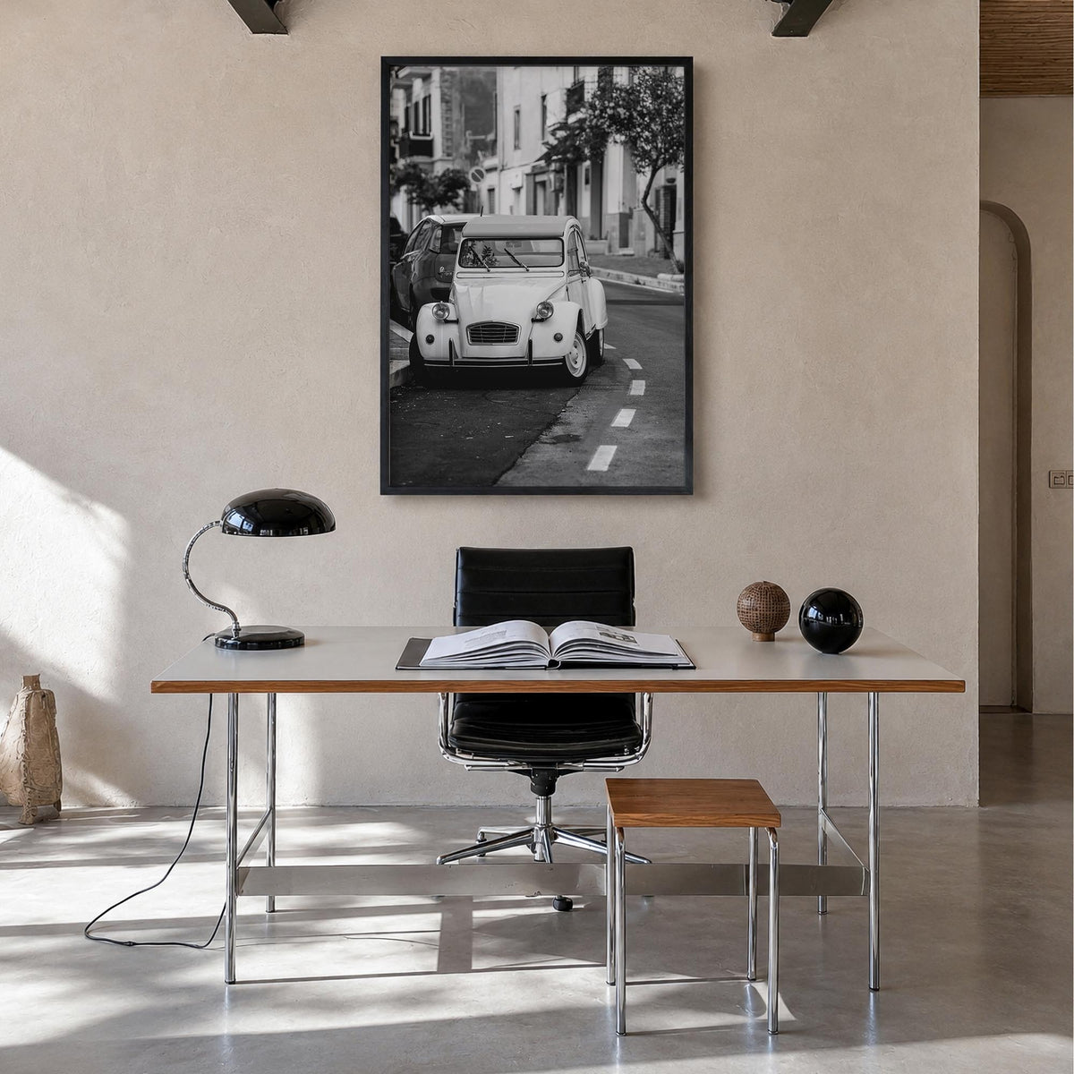 Old Car in Italy black & white photo poster – vertical wall art in black wood frame, hanging on wall