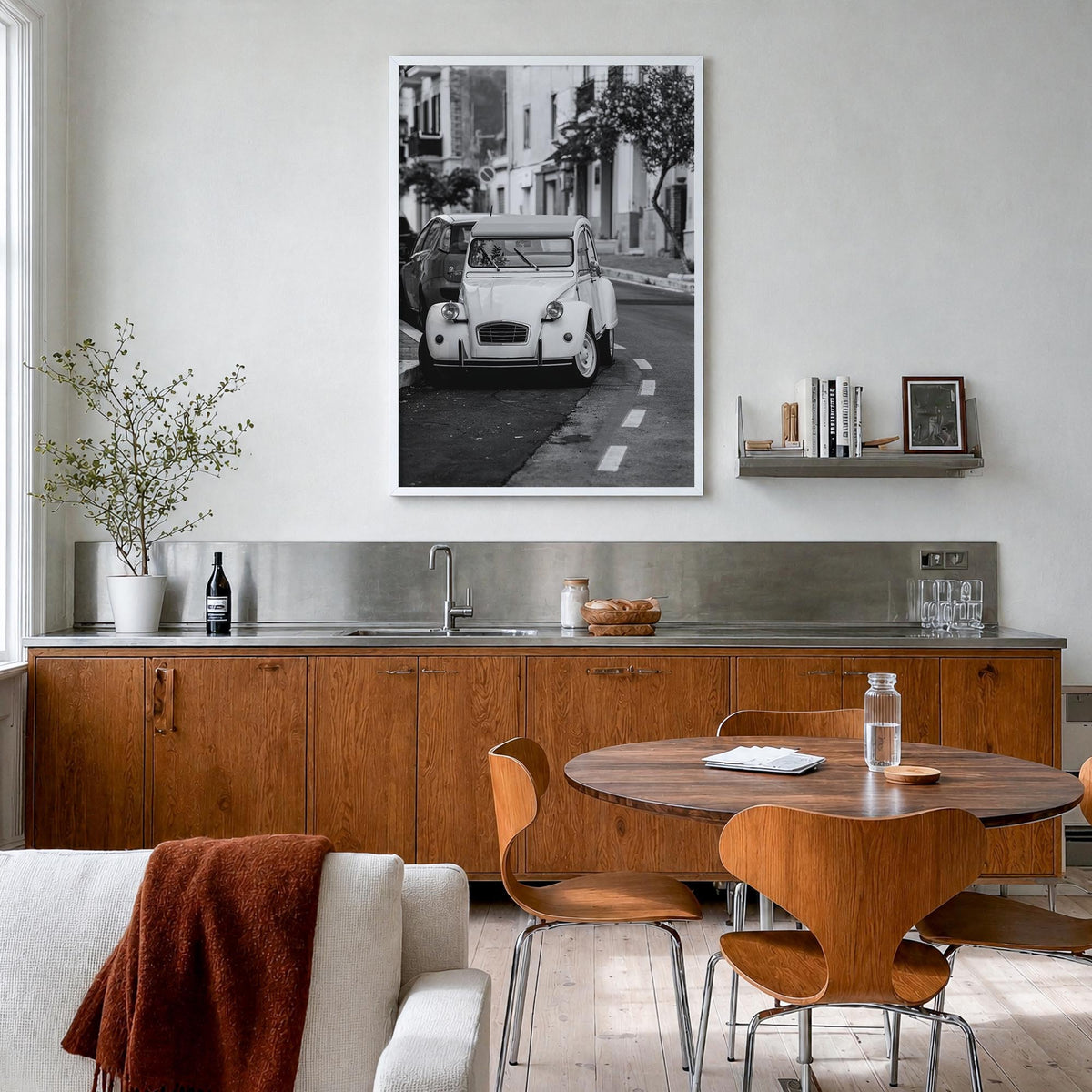 Old Car in Italy black & white photo poster – vertical wall art in white wood frame, hanging on wall