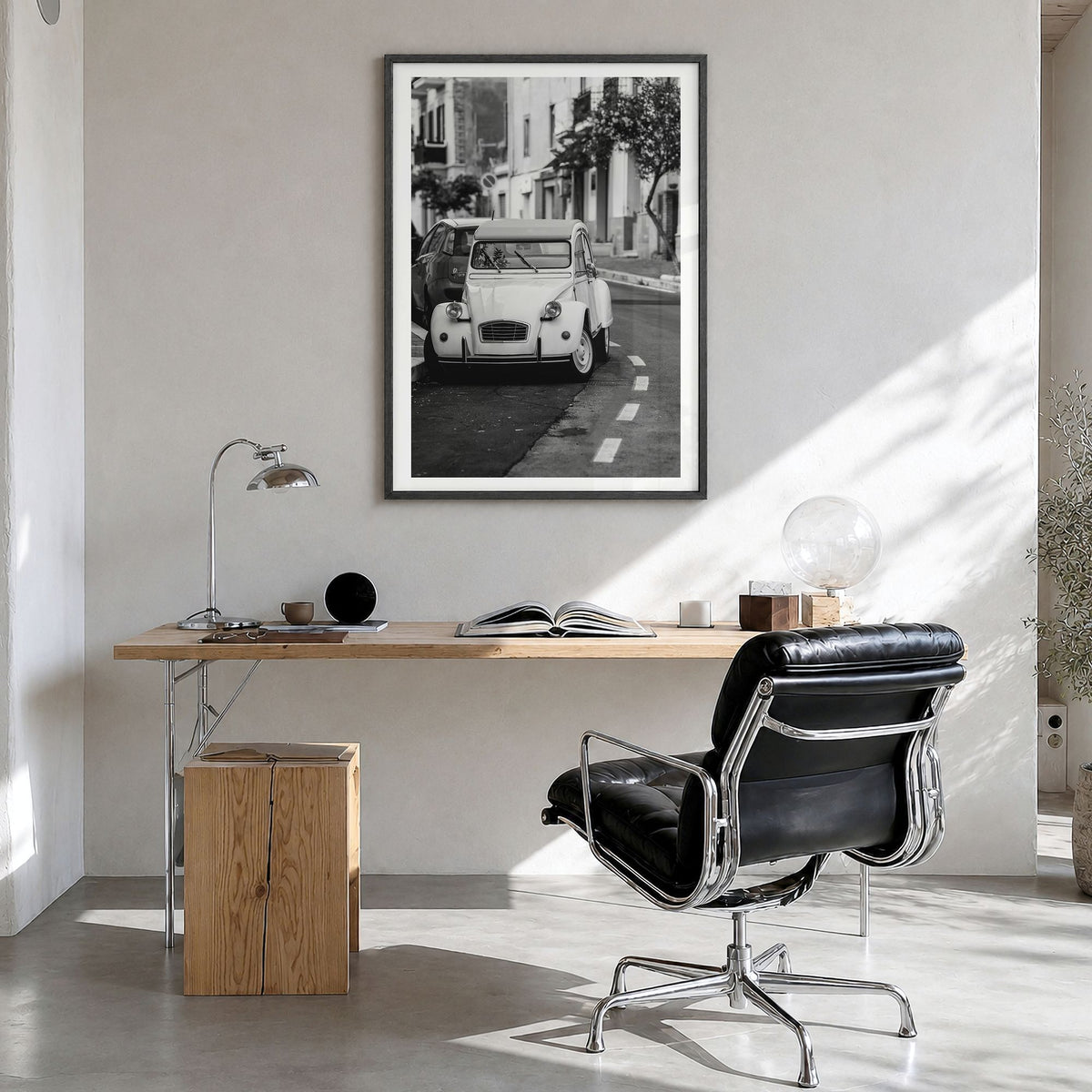 Old Car in Italy Photo Poster in a black wood frame, hanging in a bright home office, white border