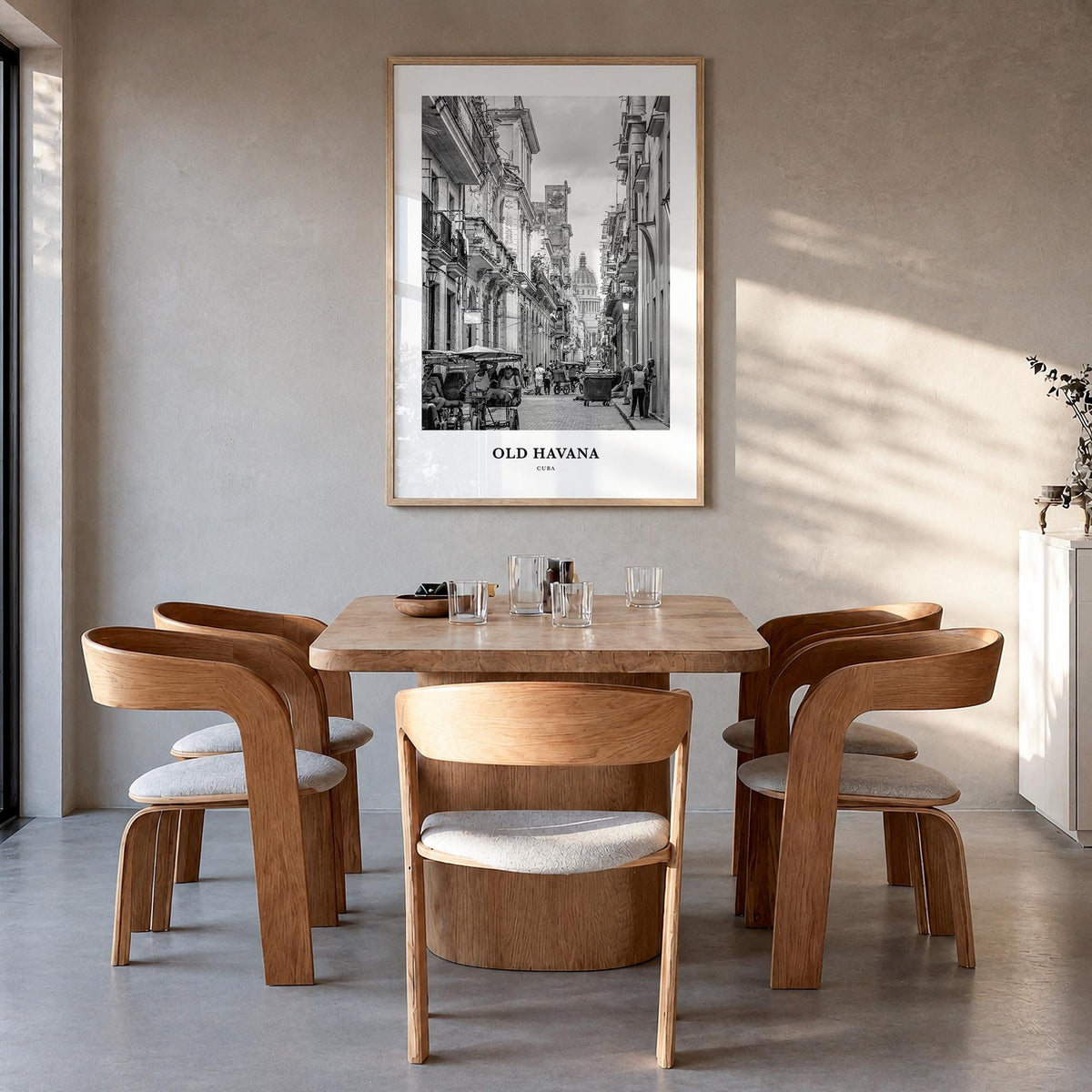 Old Havana black & white classic poster of Havana, Cuba – vertical wall art in natural wood frame, hanging on wall
