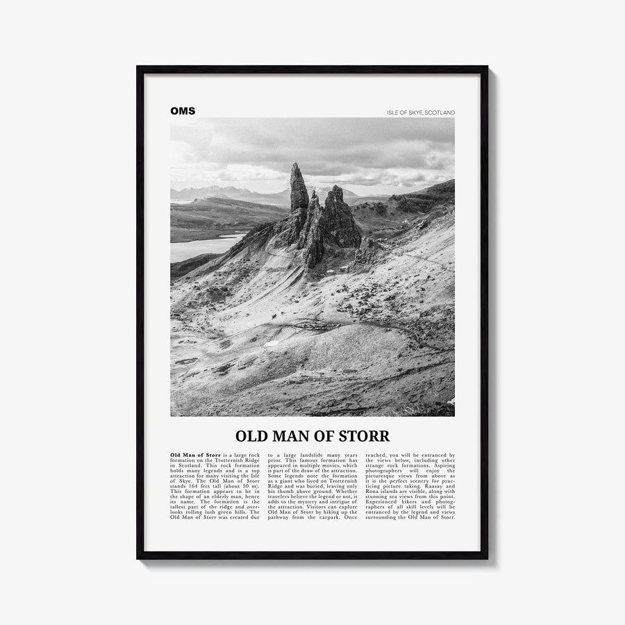 Old Man of Storr black & white newspaper poster of United Kingdom – vertical wall art, unframed print shown in interior mocku