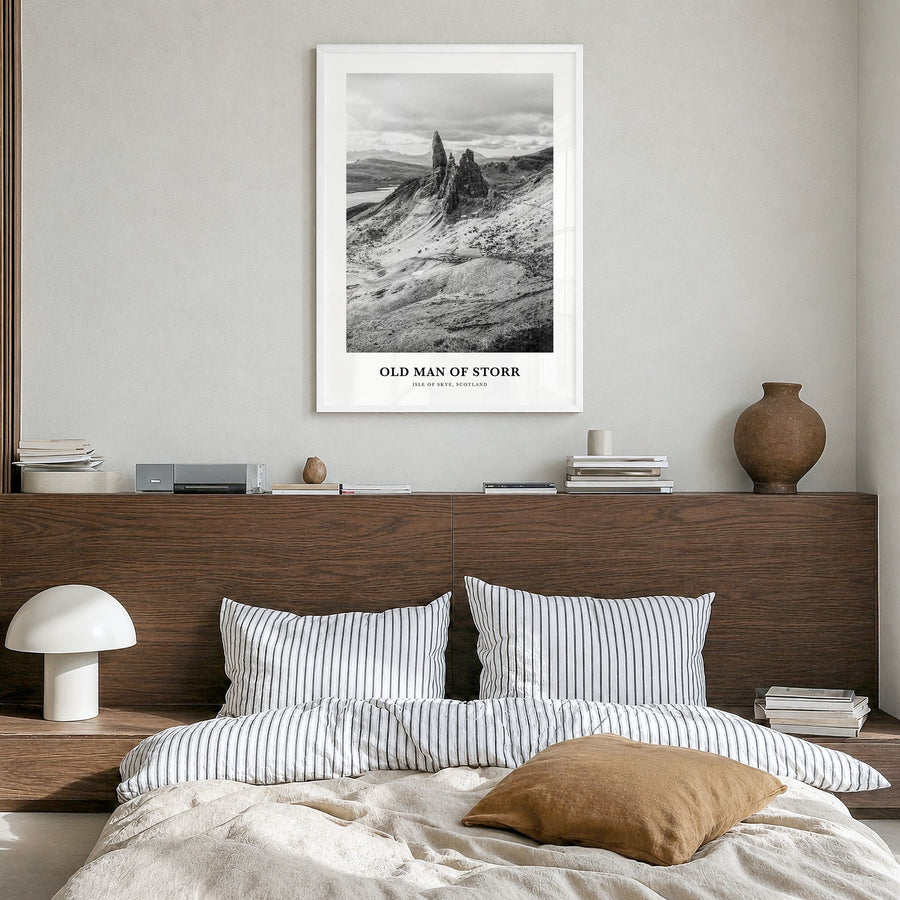 Old Man of Storr Classic Poster in a white wood frame, hanging in a bedroom