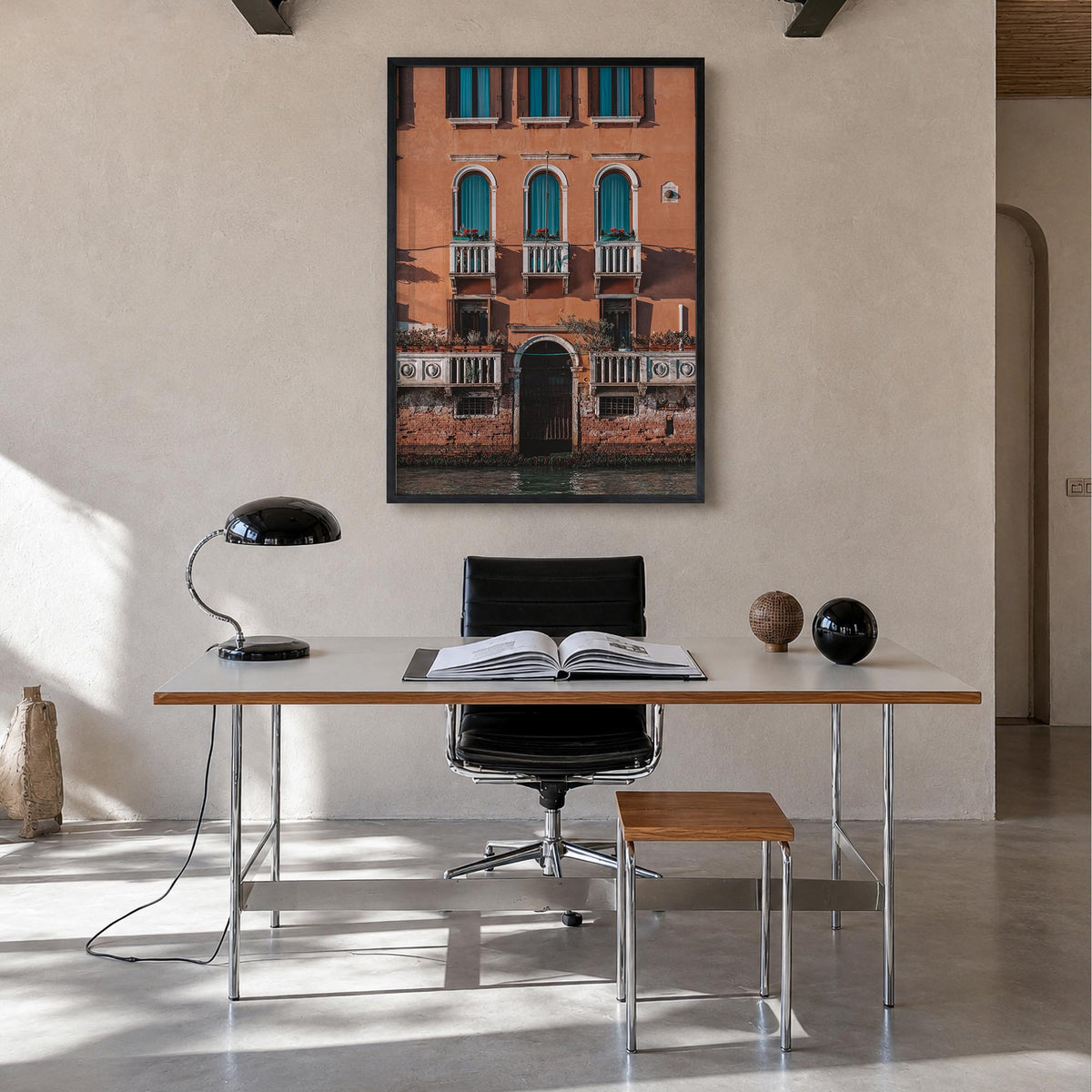 Old Palace Facade colorful photo poster – vertical wall art in black wood frame, hanging on wall