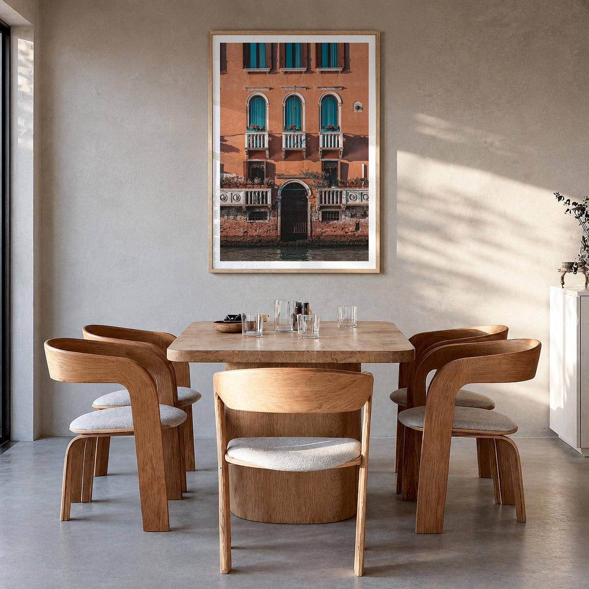 Old Palace Facade colorful photo poster – vertical wall art in natural wood frame with white border, hanging on wall