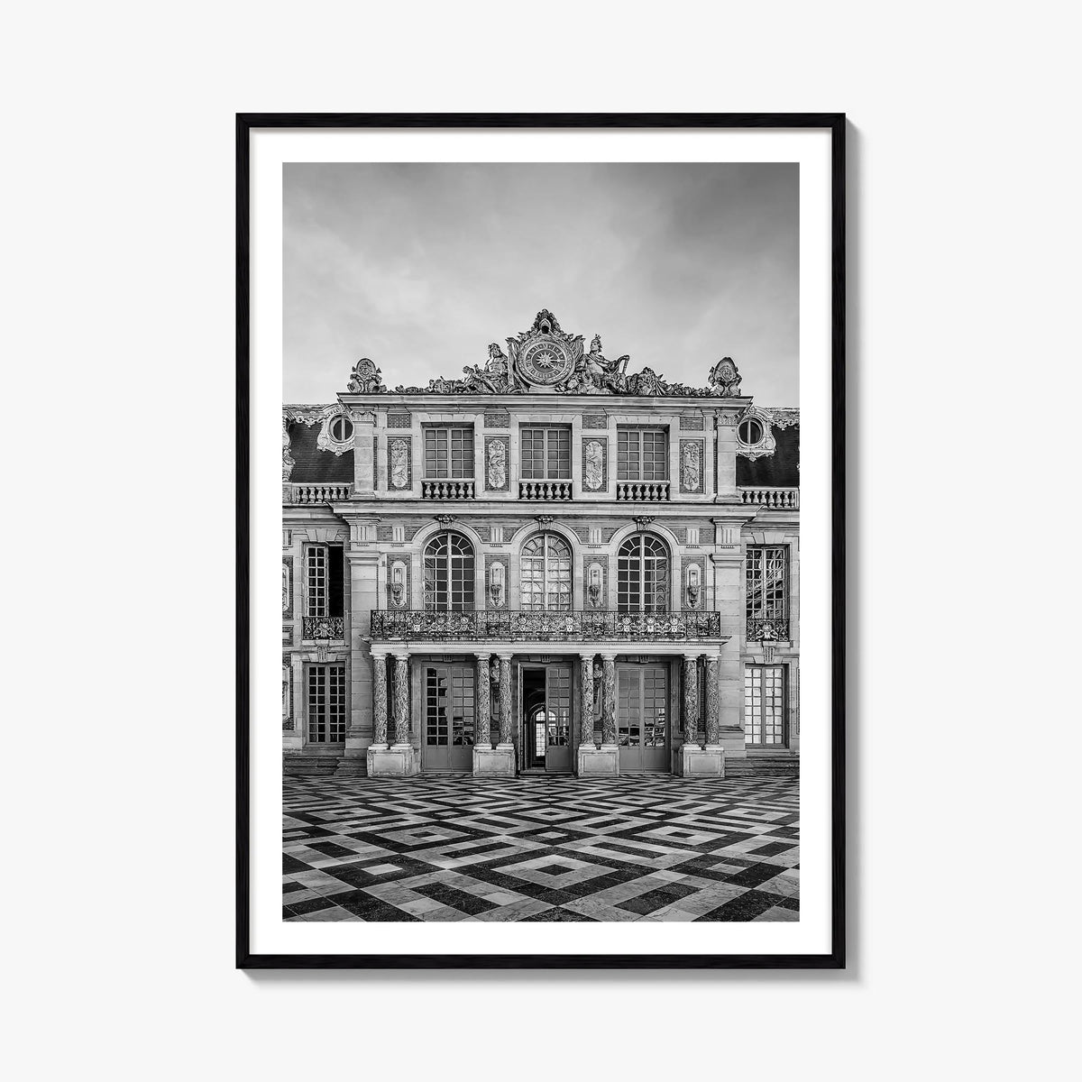 Old Palace Facade no. 1 black & white photo poster – vertical wall art, unframed print shown in interior mockup