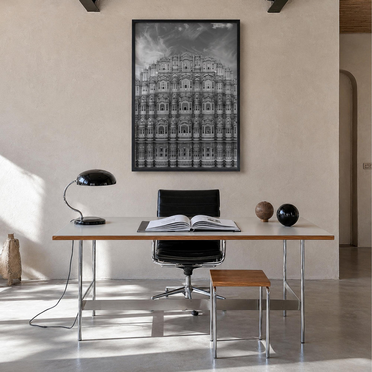 Old Palace Facade no. 2 black & white photo poster – vertical wall art in black wood frame, hanging on wall