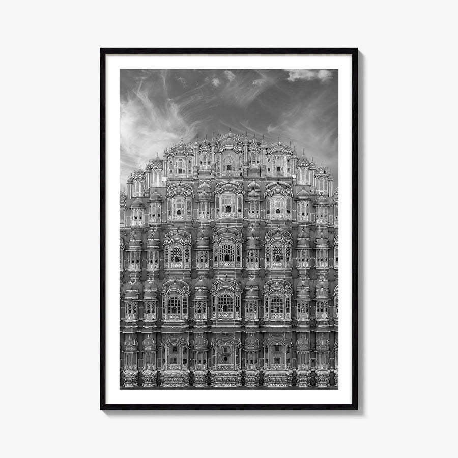 Old Palace Facade no. 2 black & white photo poster – vertical wall art, unframed print shown in interior mockup