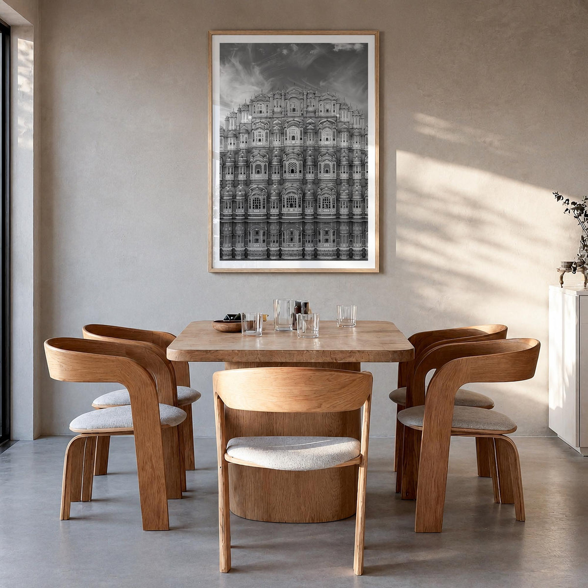 Old Palace Facade no. 2 black & white photo poster – vertical wall art in natural wood frame with white border, hanging on wa