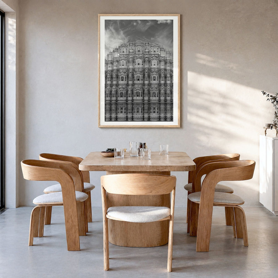 Old Palace Facade Photo No 2 Poster in a natural wood frame, hanging in a dining room, white border