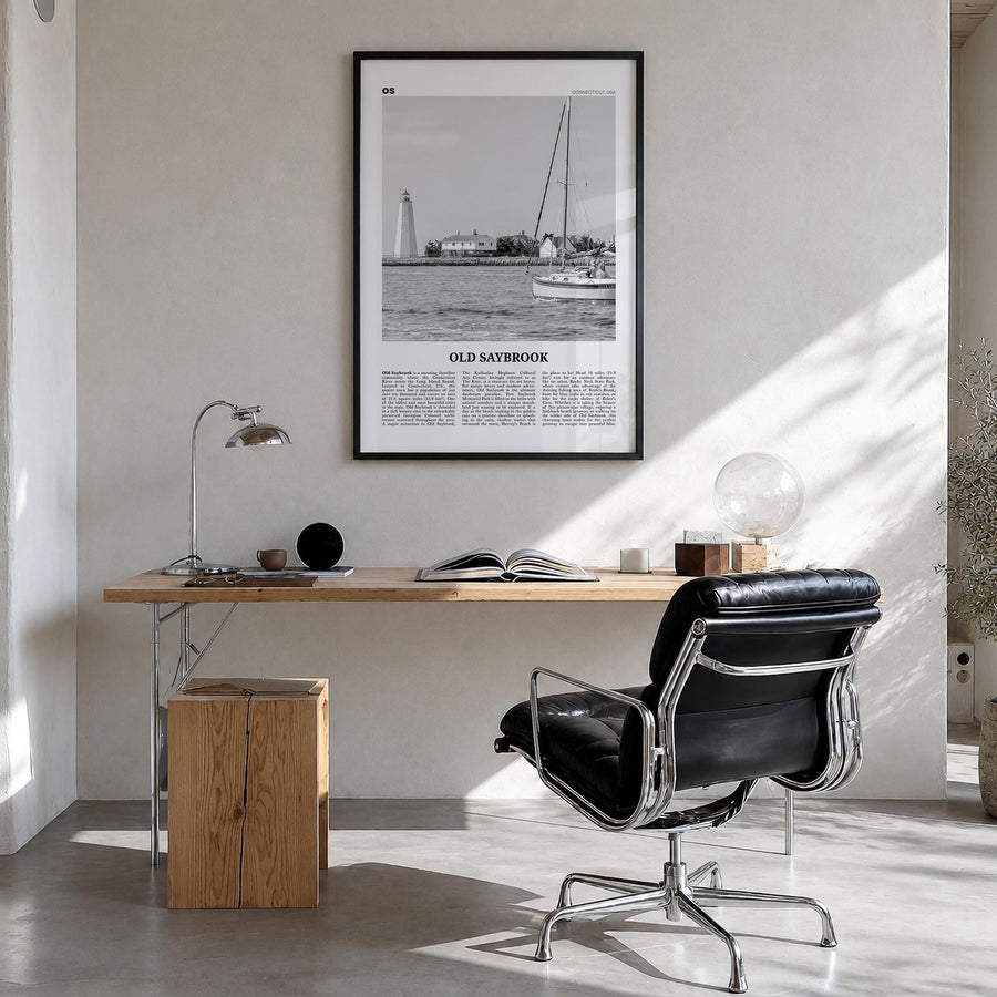 Old Saybrook black & white newspaper poster of Connecticut, USA – vertical wall art in black wood frame, hanging on wall