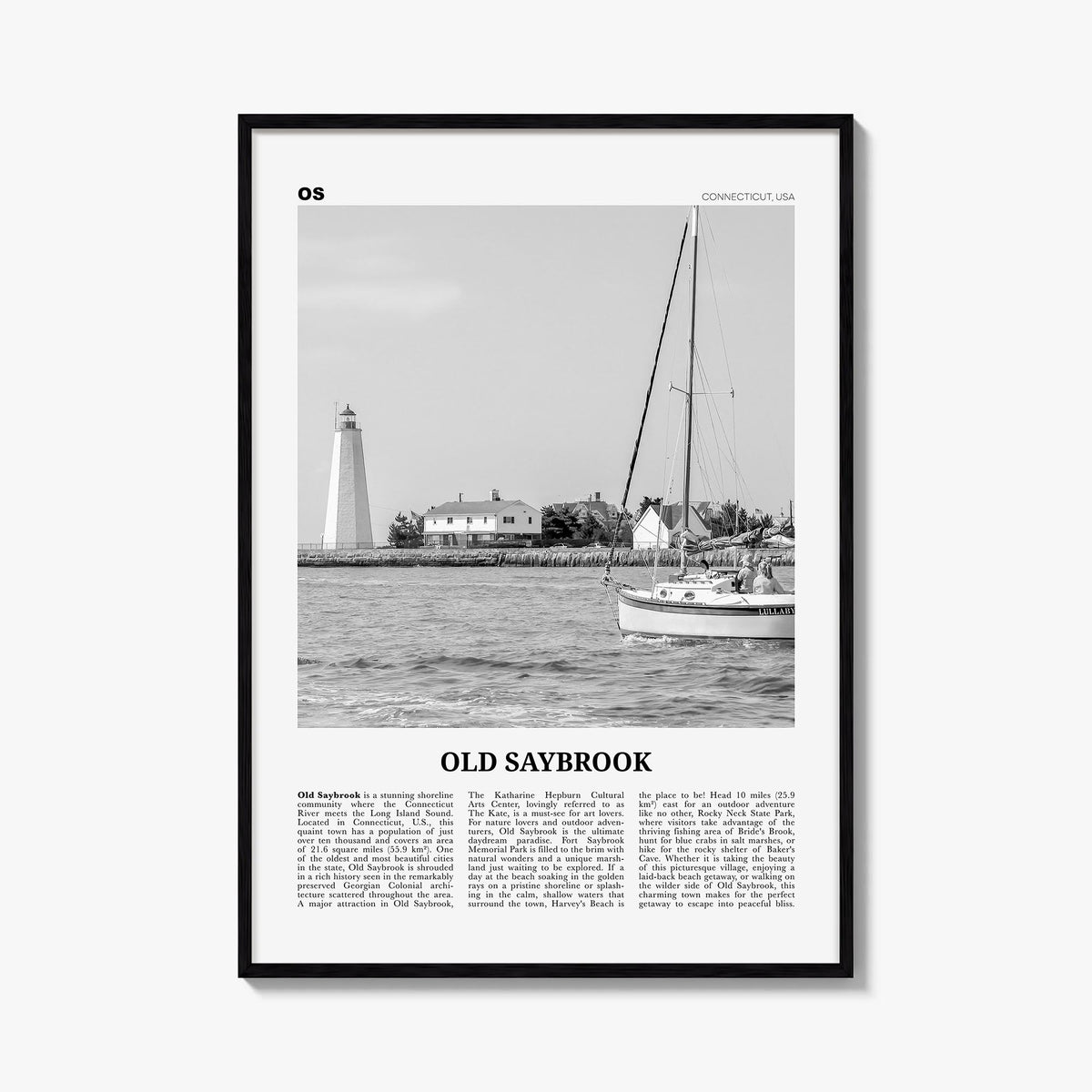 Old Saybrook black & white newspaper poster of Connecticut, USA – vertical wall art, unframed print shown in interior mockup