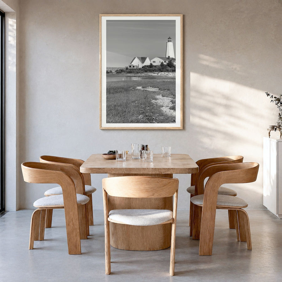Old Saybrook Photo Poster in a natural wood frame, hanging in a dining room, white border