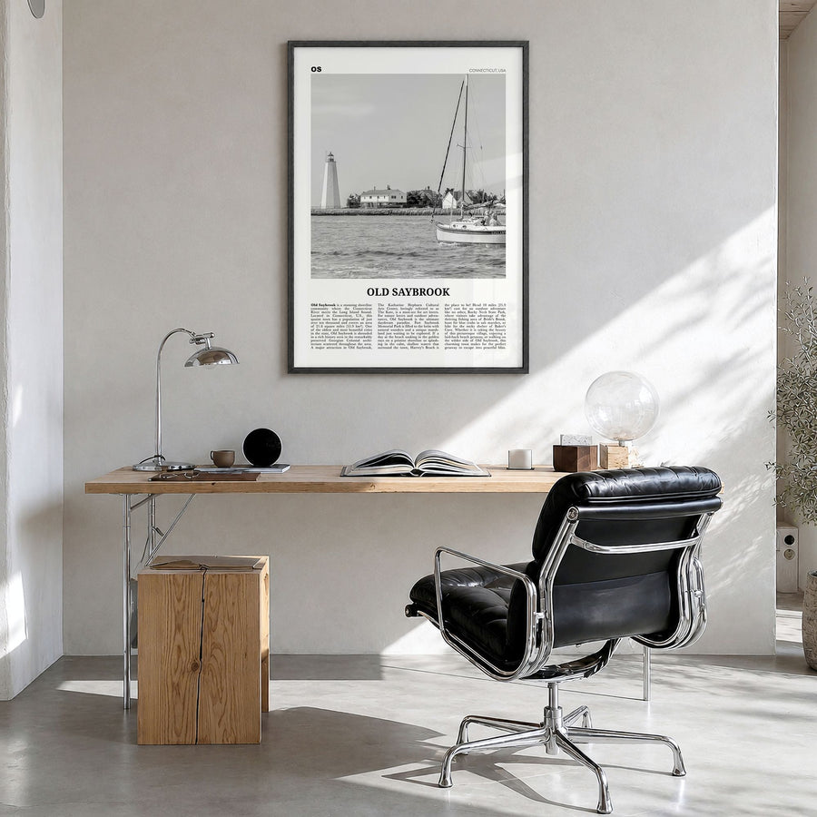Old Saybrook Newspaper Poster in a black wood frame, hanging in a bright home office