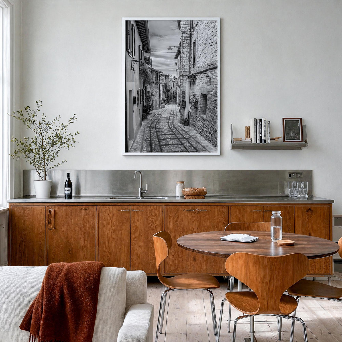 Old Town in Italy black & white photo poster – vertical wall art in white wood frame, hanging on wall