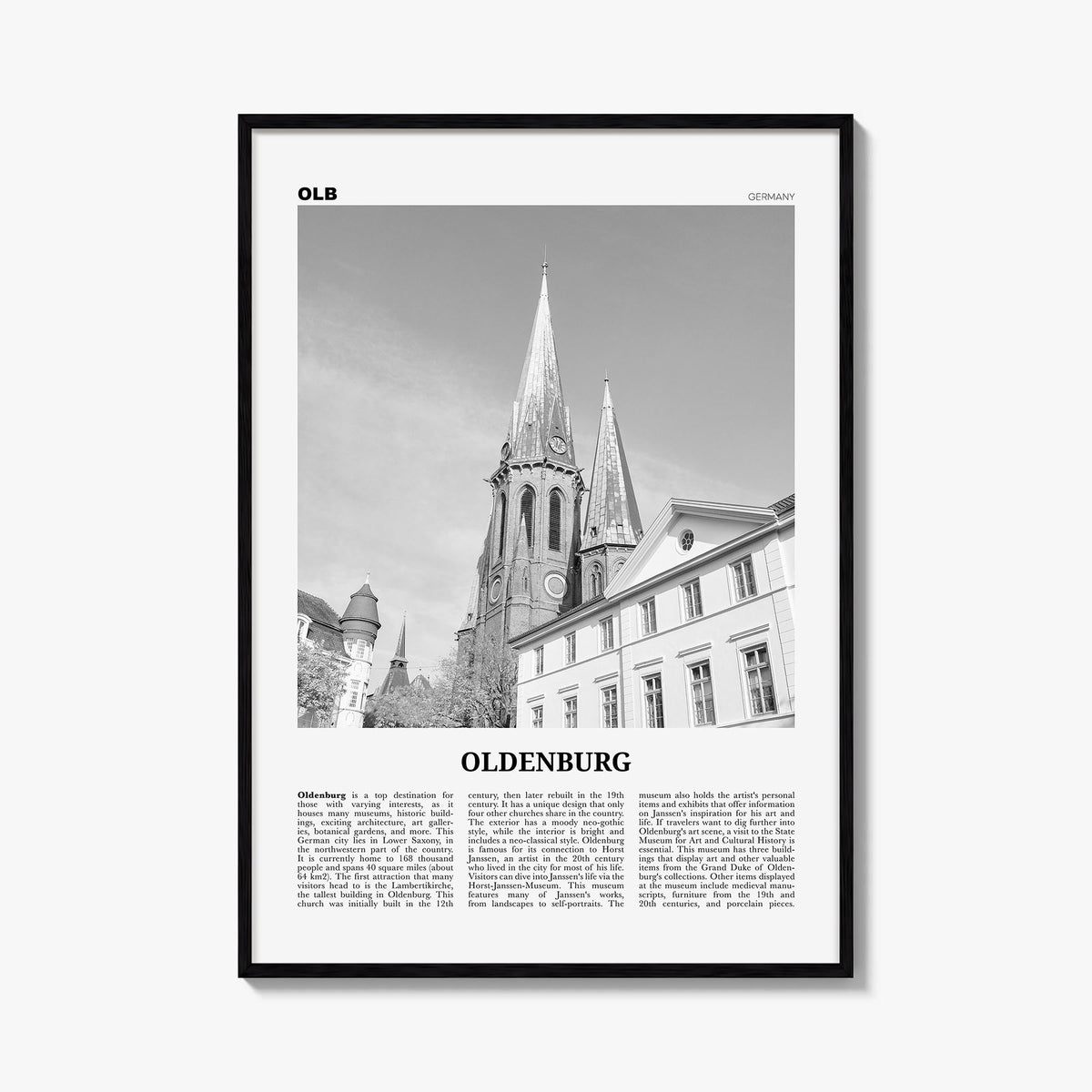 Oldenburg black & white newspaper poster of Germany – vertical wall art, unframed print shown in interior mockup