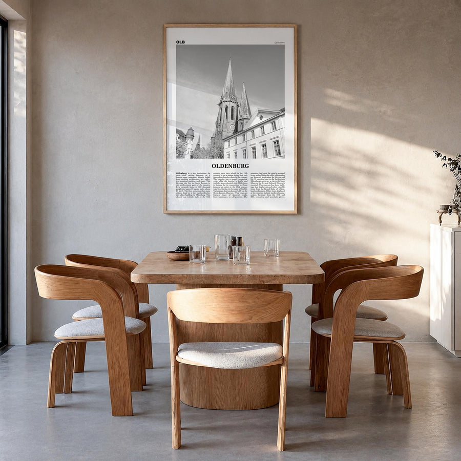Oldenburg black & white newspaper poster of Germany – vertical wall art in natural wood frame, hanging on wall
