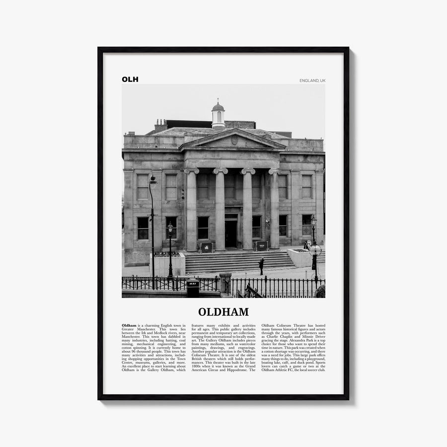 Oldham black & white newspaper poster of United Kingdom – vertical wall art, unframed print shown in interior mockup