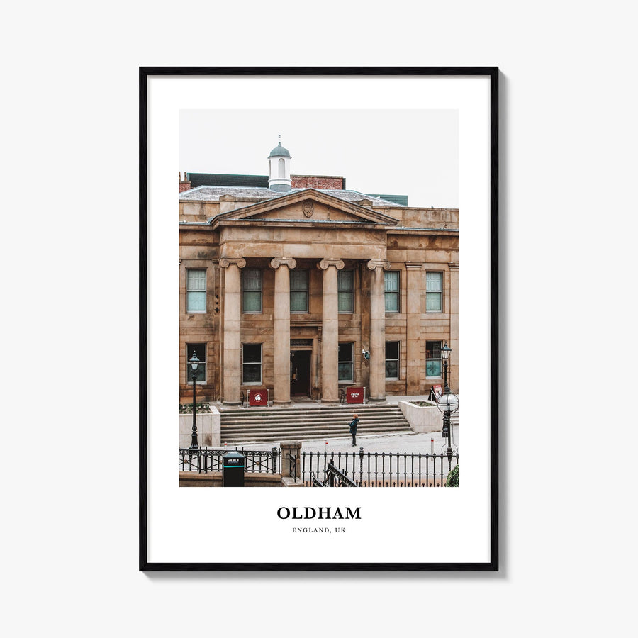 Oldham colorful classic poster of United Kingdom – vertical wall art, unframed print shown in interior mockup