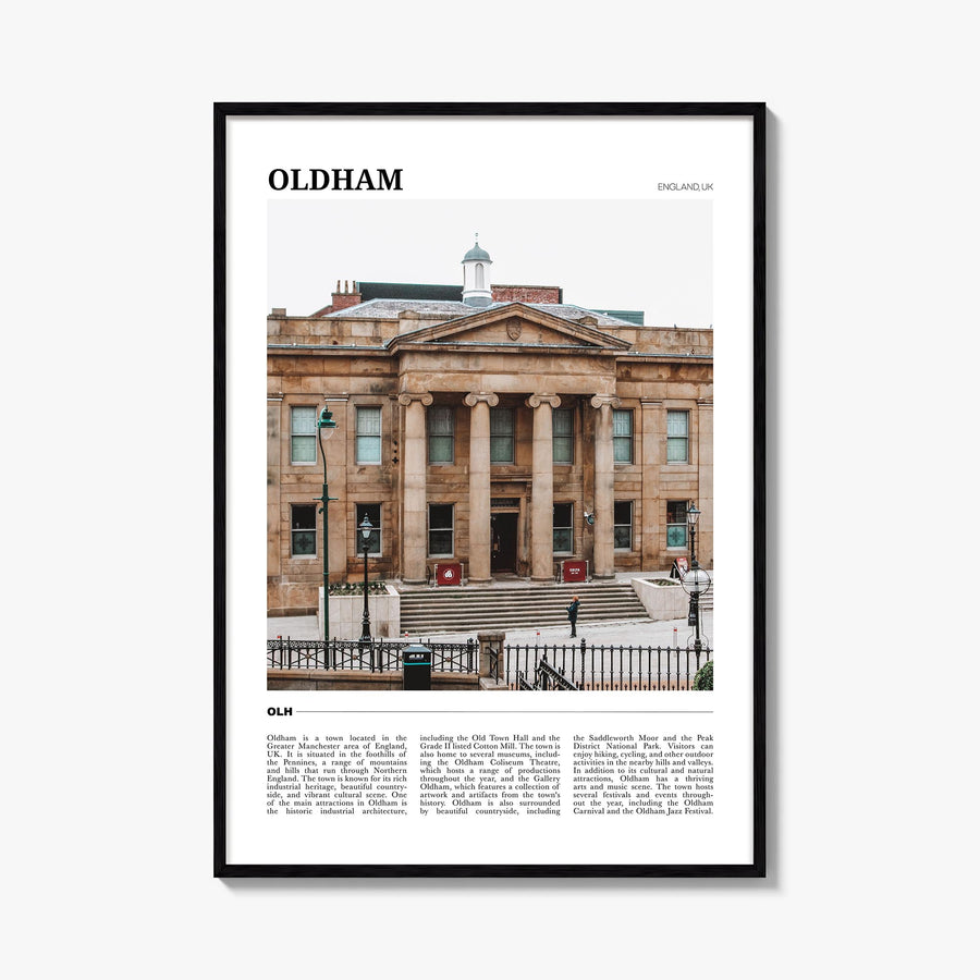 Oldham colorful travel poster of United Kingdom – vertical wall art, unframed print shown in interior mockup