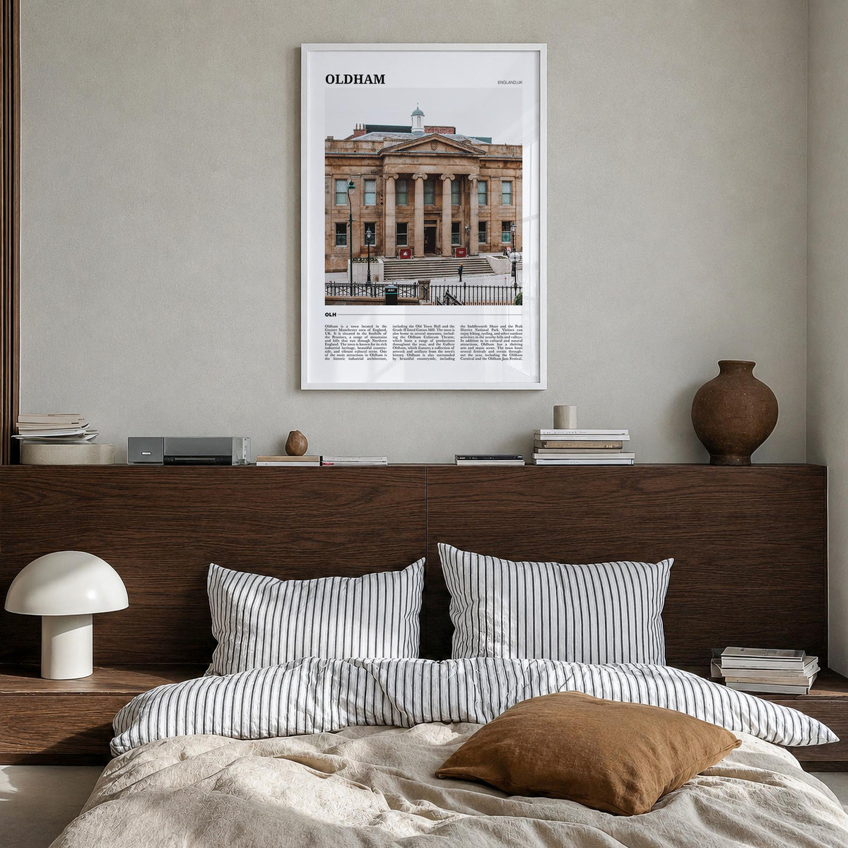 Oldham colorful travel poster of United Kingdom – vertical wall art in white wood frame, hanging on wall
