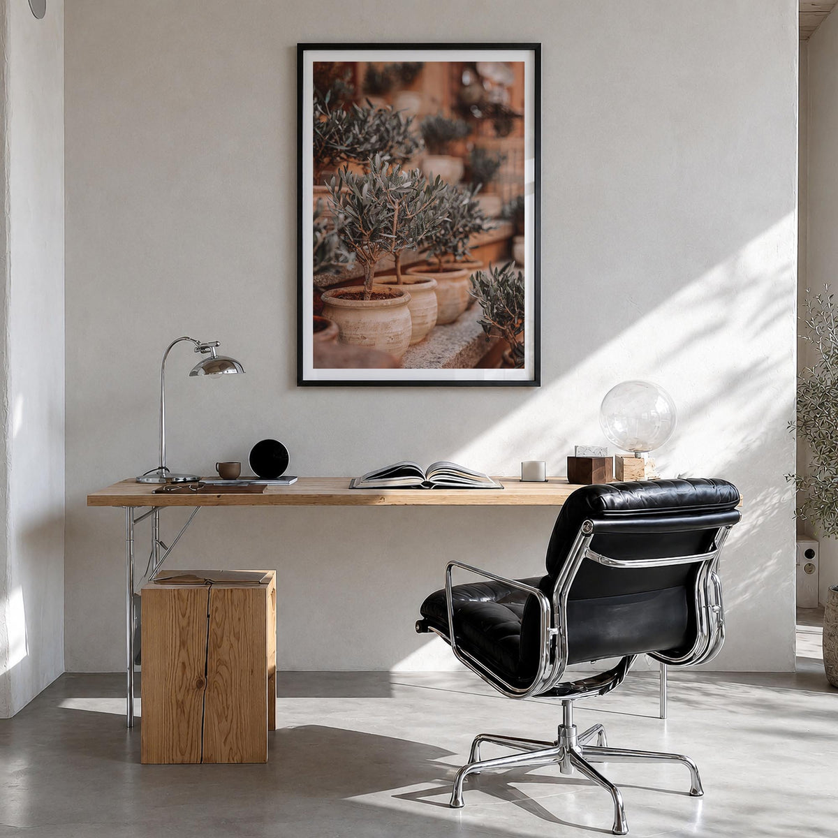 Olive Trees in Clay Pots colorful photo poster – vertical wall art in black wood frame with white border, hanging on wall