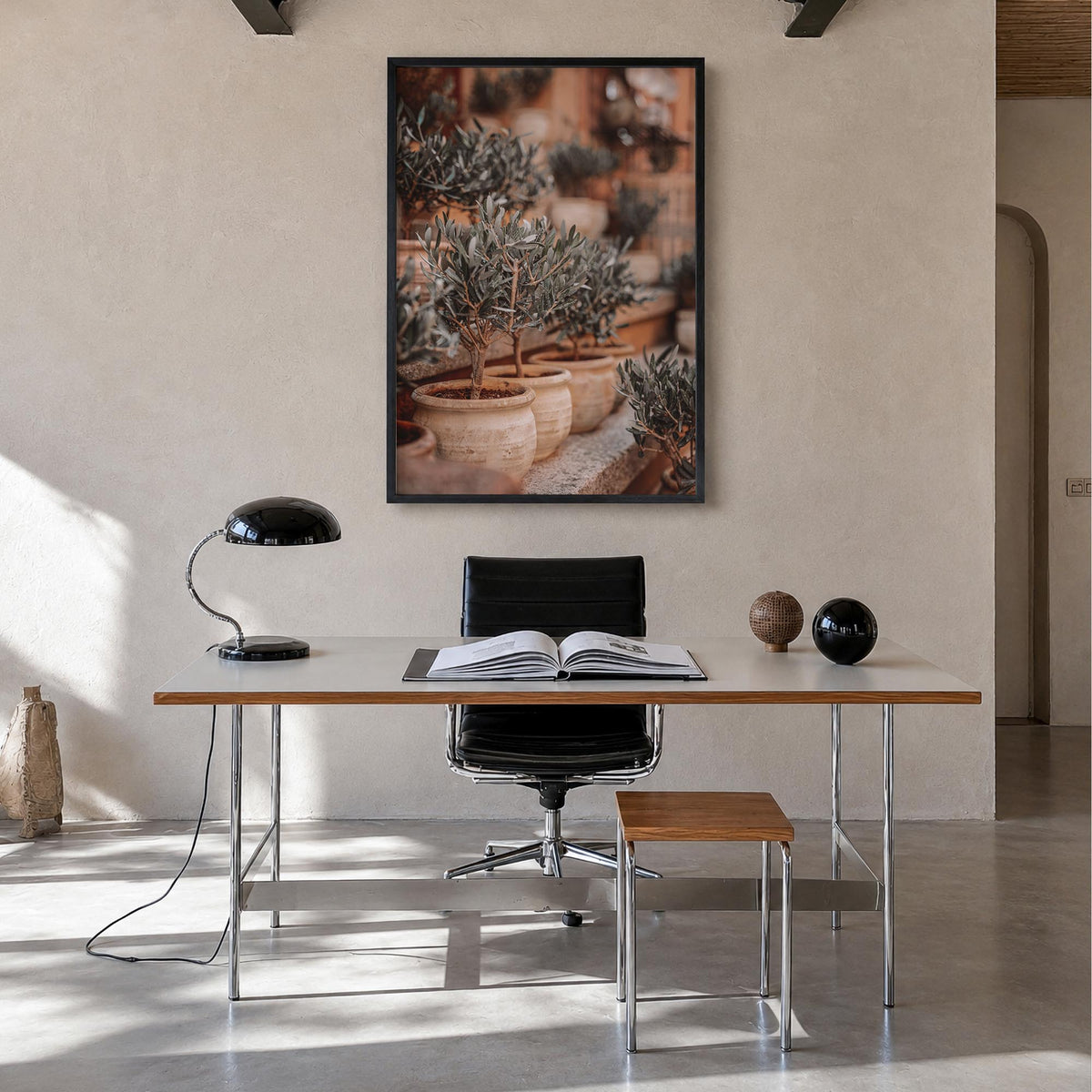 Olive Trees in Clay Pots colorful photo poster – vertical wall art in black wood frame, hanging on wall