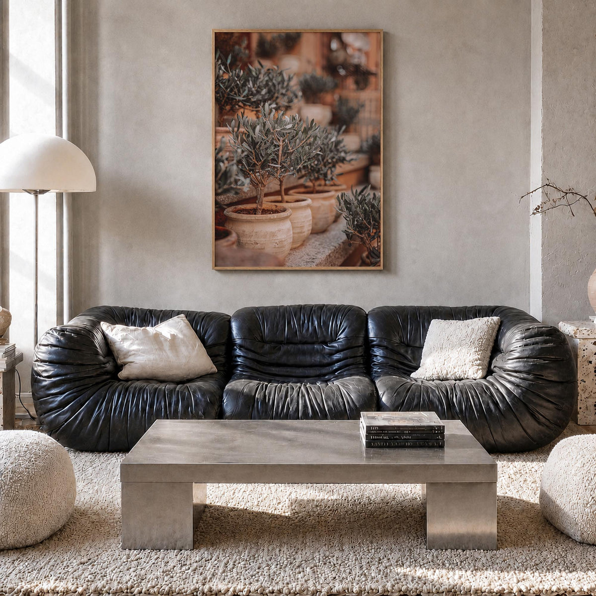 Olive Trees in Clay Pots colorful photo poster – vertical wall art in natural wood frame, hanging on wall