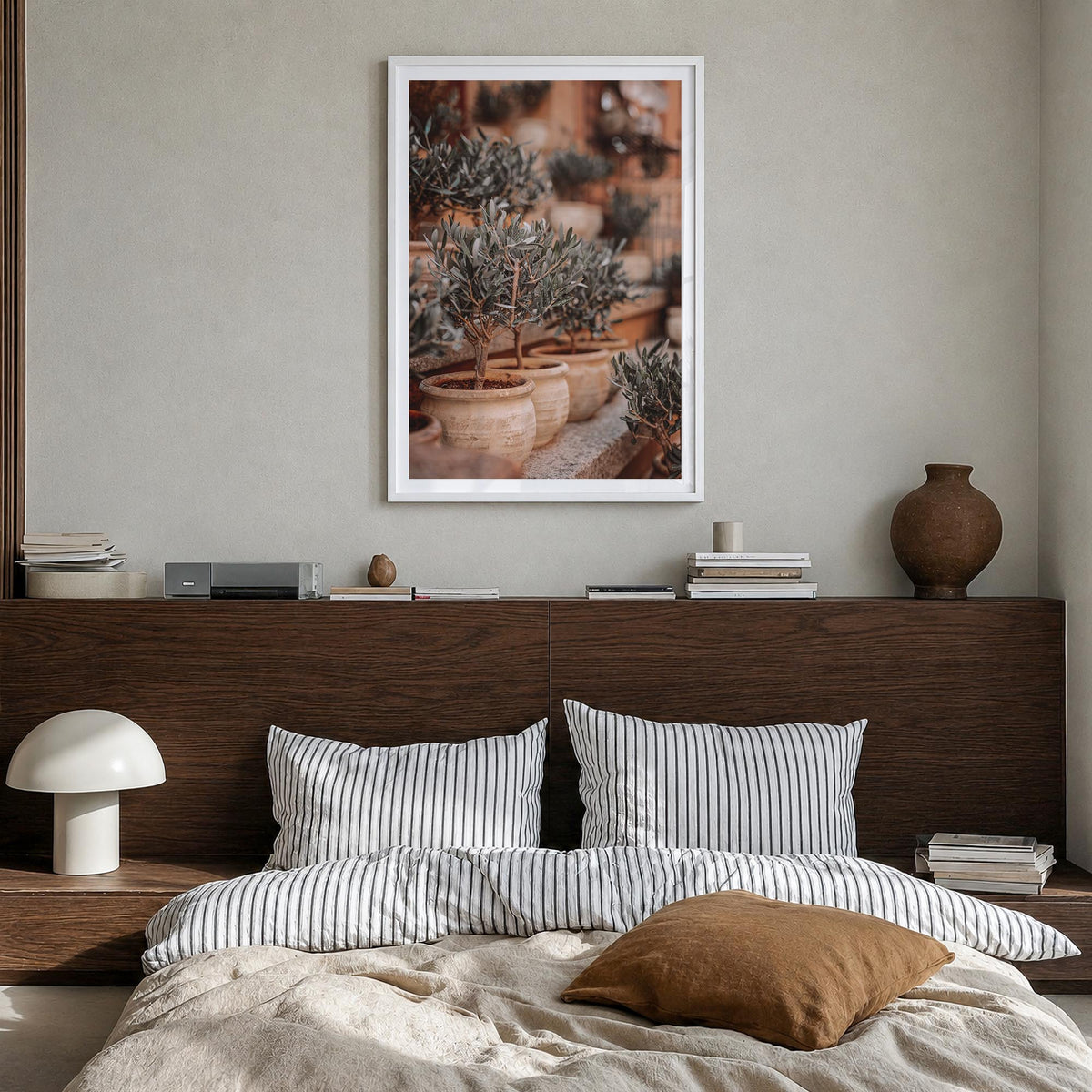 Olive Trees in Clay Pots colorful photo poster – vertical wall art in white wood frame with white border, hanging on wall