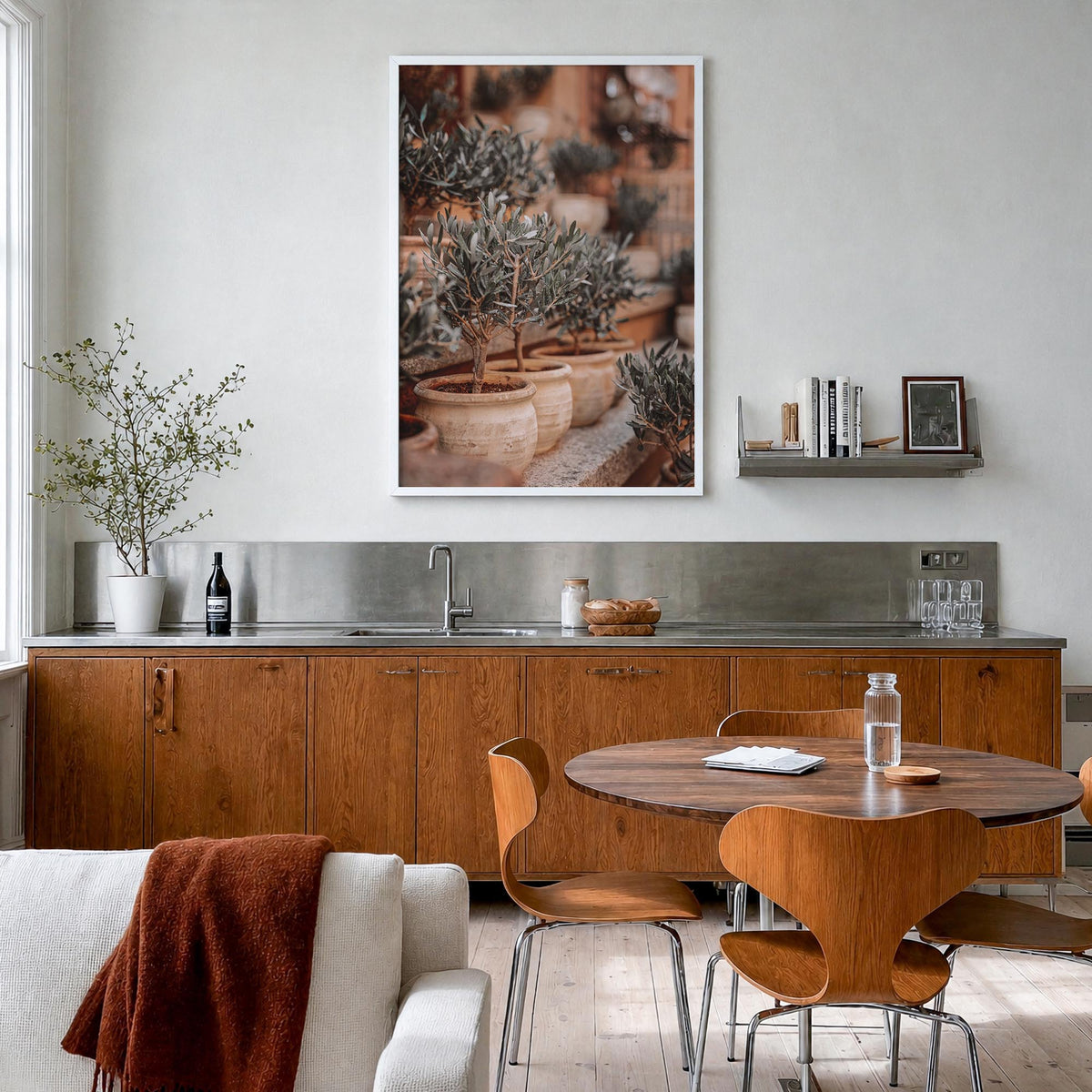 Olive Trees in Clay Pots colorful photo poster – vertical wall art in white wood frame, hanging on wall