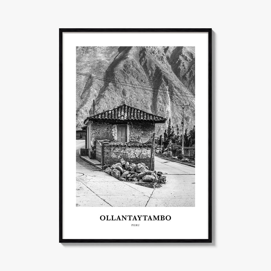 Ollantaytambo black & white classic poster of Peru – vertical wall art, unframed print shown in interior mockup