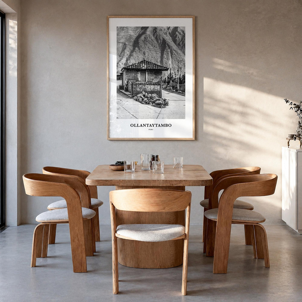 Ollantaytambo black & white classic poster of Peru – vertical wall art in natural wood frame, hanging on wall