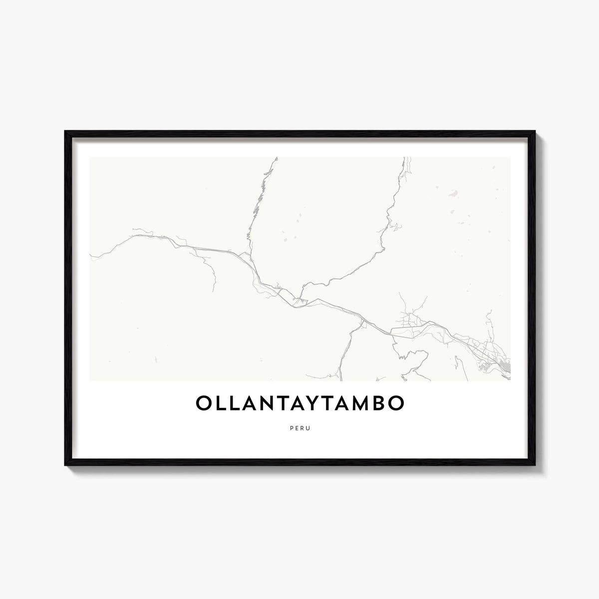 Ollantaytambo black & white map poster of Peru – horizontal wall art, unframed print shown in interior mockup