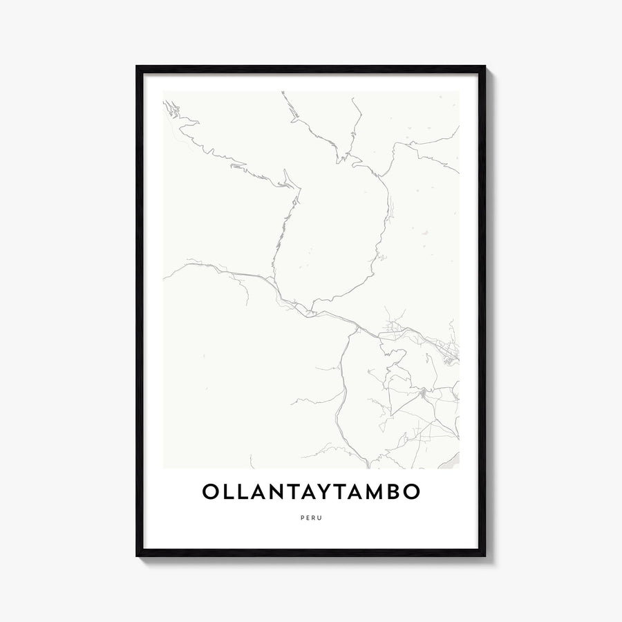 Ollantaytambo black & white map poster of Peru – vertical wall art, unframed print shown in interior mockup
