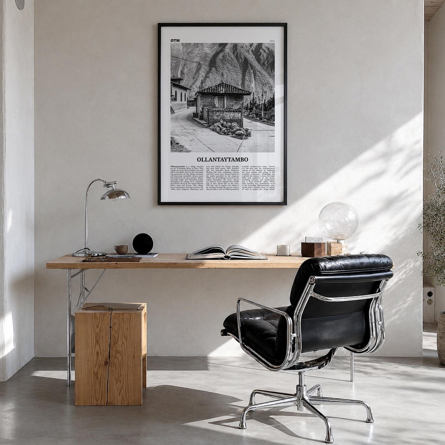 Ollantaytambo black & white newspaper poster of Peru – vertical wall art in black wood frame, hanging on wall