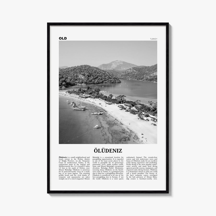 Ölüdeniz black & white newspaper poster of Türkiye – vertical wall art, unframed print shown in interior mockup