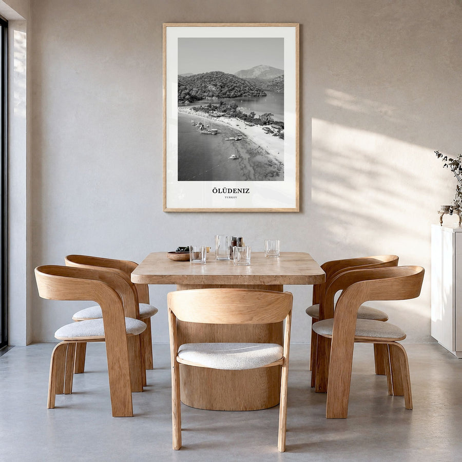 Ölüdeniz Classic Poster in a natural wood frame, hanging in a dining room