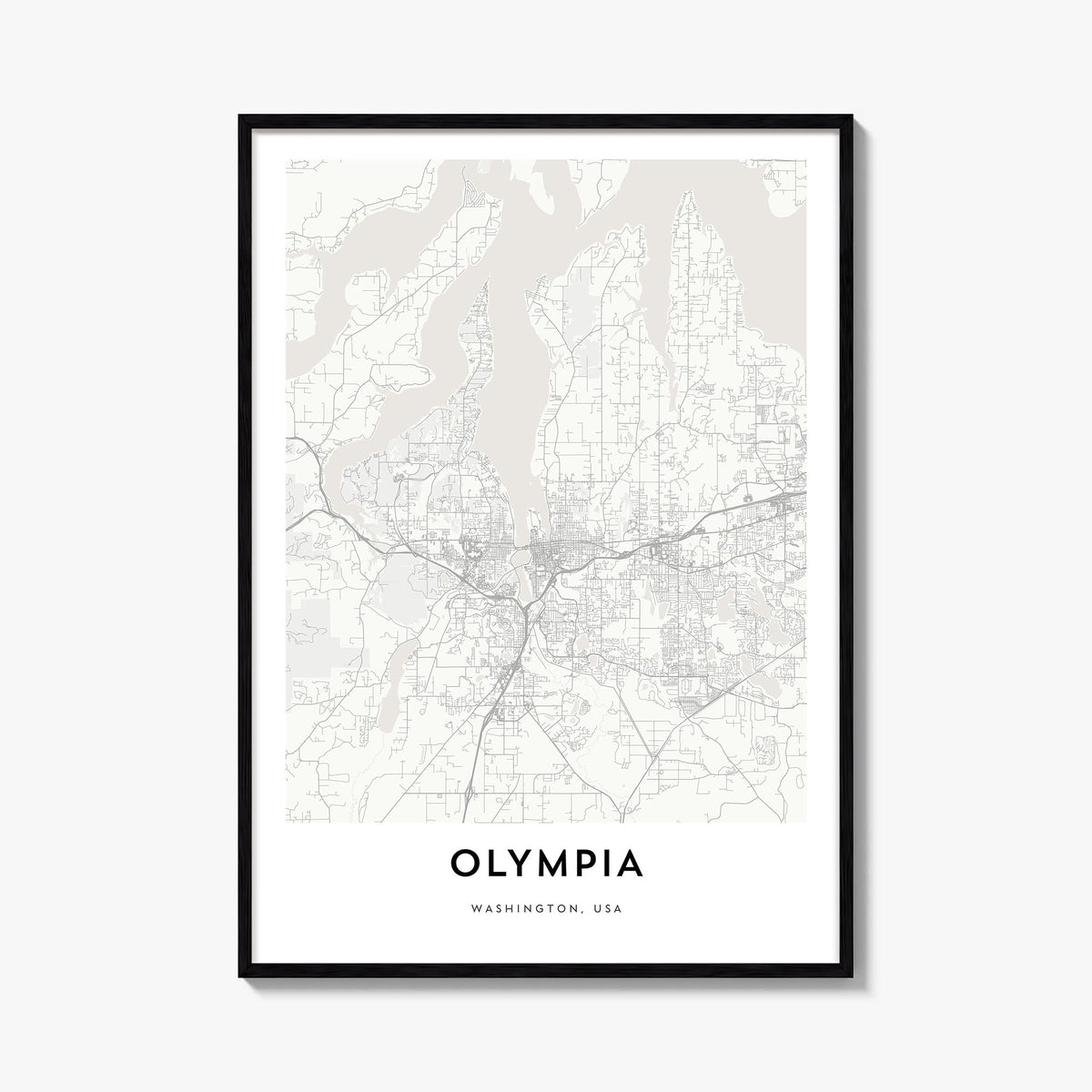 Olympia black & white map poster of Washington, USA – vertical wall art, unframed print shown in interior mockup