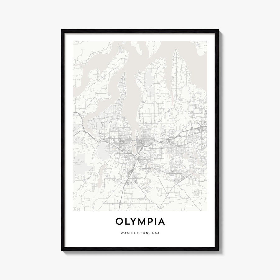 Olympia black & white map poster of Washington, USA – vertical wall art, unframed print shown in interior mockup