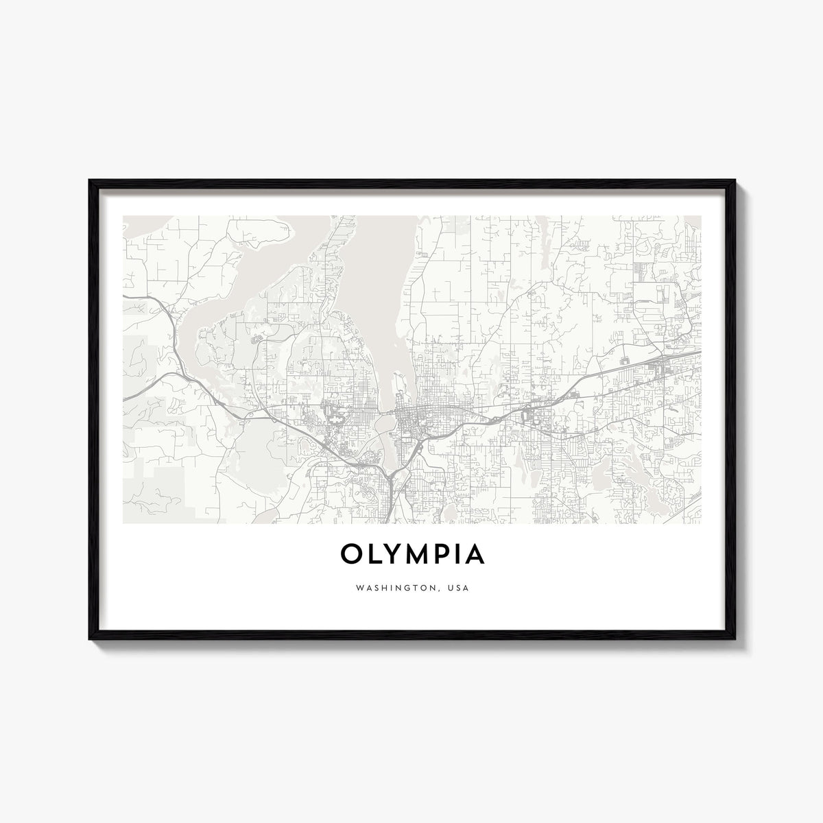 Olympia black & white map poster of Washington, USA – horizontal wall art, unframed print shown in interior mockup