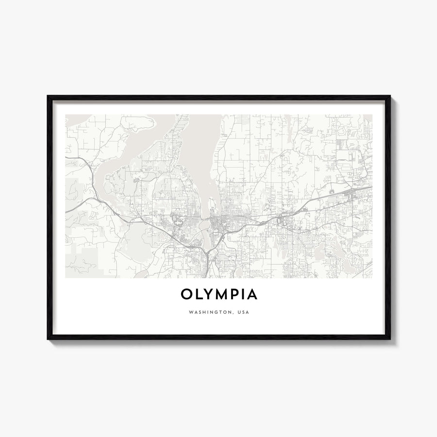 Olympia black & white map poster of Washington, USA – horizontal wall art, unframed print shown in interior mockup