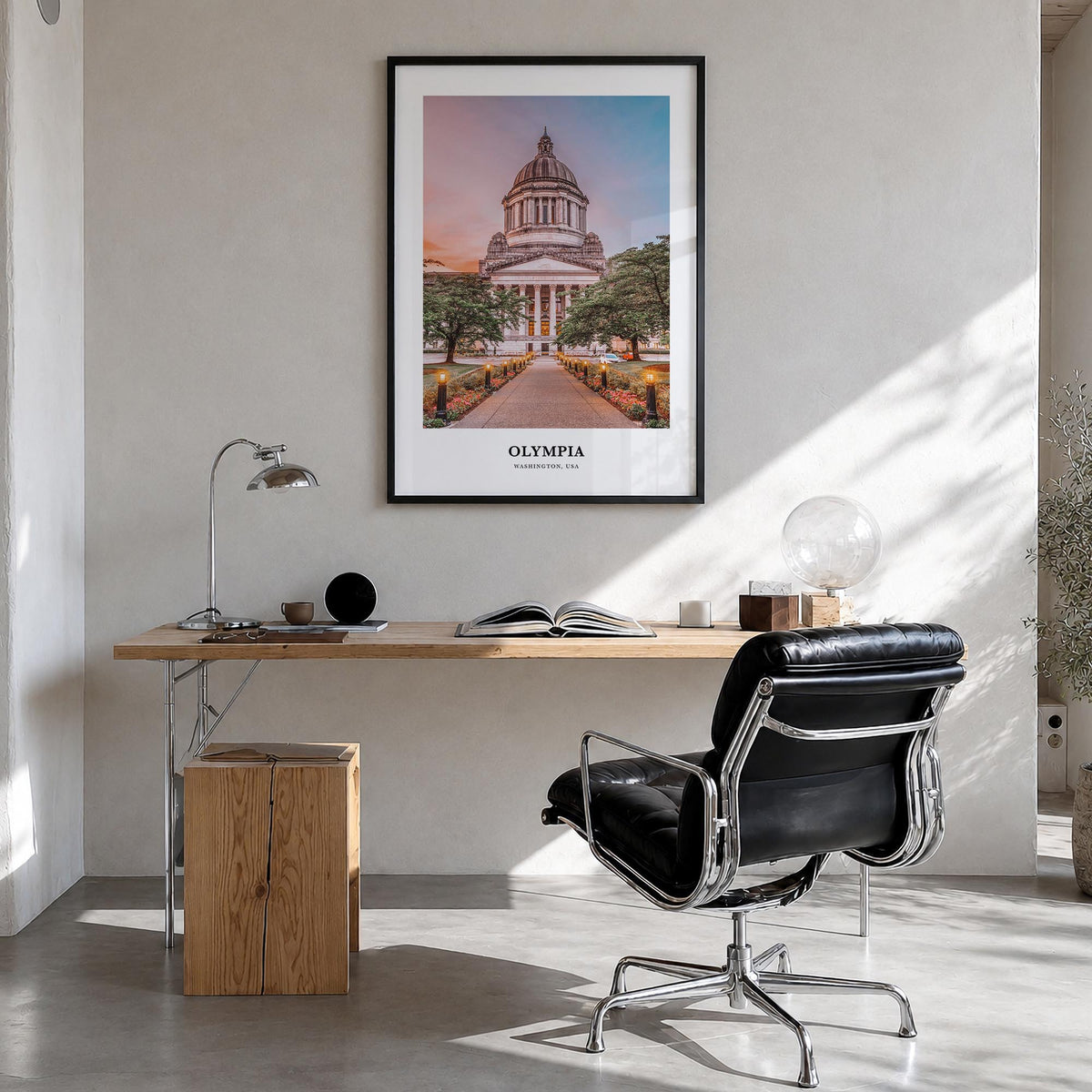 Olympia colorful classic poster of Washington, USA – vertical wall art in black wood frame, hanging on wall
