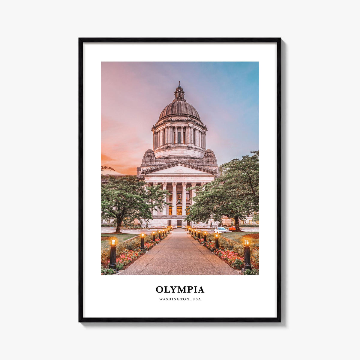 Olympia colorful classic poster of Washington, USA – vertical wall art, unframed print shown in interior mockup