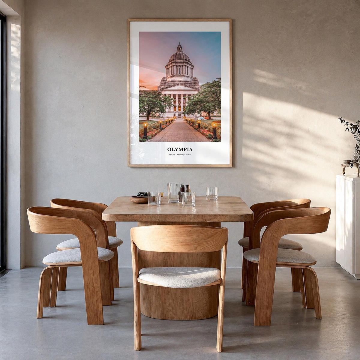 Olympia colorful classic poster of Washington, USA – vertical wall art in natural wood frame, hanging on wall