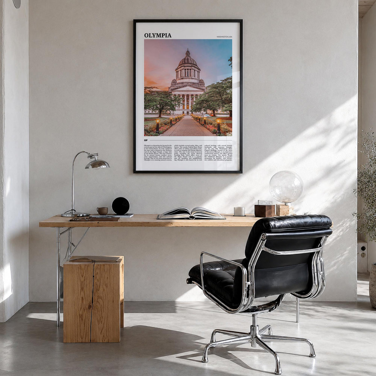 Olympia colorful travel poster of Washington, USA – vertical wall art in black wood frame, hanging on wall