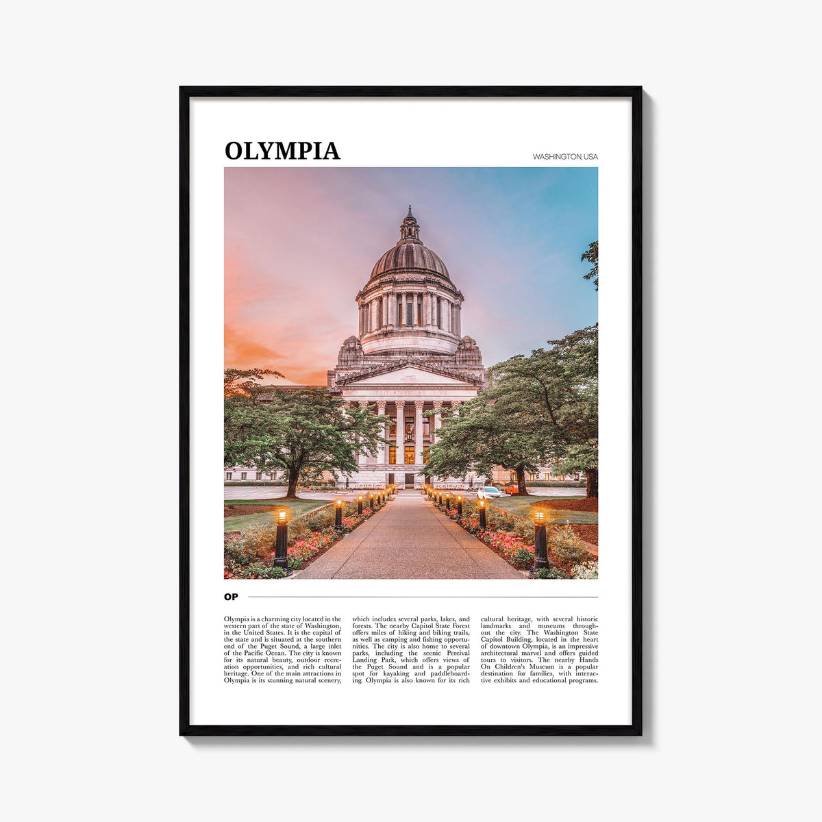 Olympia colorful travel poster of Washington, USA – vertical wall art, unframed print shown in interior mockup