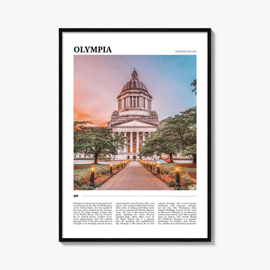 Olympia colorful travel poster of Washington, USA – vertical wall art, unframed print shown in interior mockup