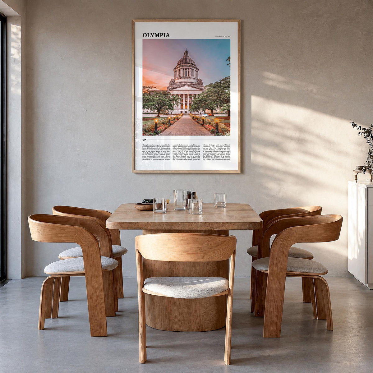 Olympia colorful travel poster of Washington, USA – vertical wall art in natural wood frame, hanging on wall